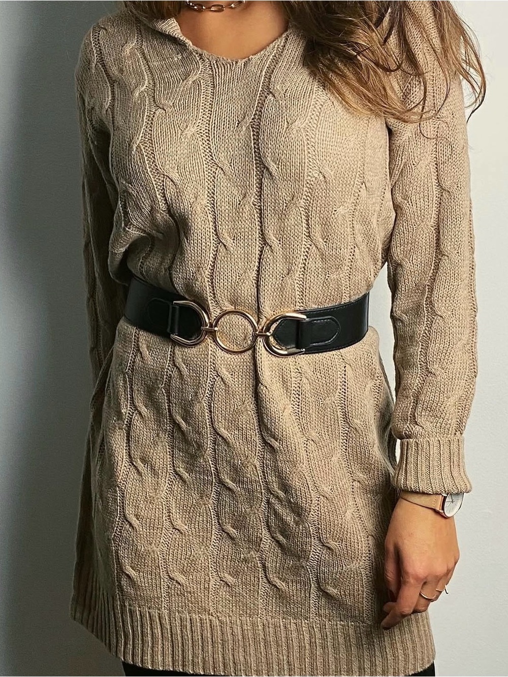 Cable Knit Sweater Tunic with Hood - Beige